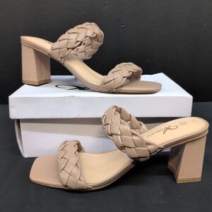 Athlefit Braided Square Open Toe Women's Chunky Block Heel Sandals Size 9 Nude
